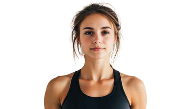 Portrait of a confident young woman in athletic wear, looking directly at the camera with a determined expression.