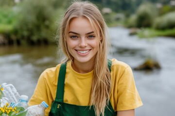 Student Volunteering Week Young caucasian female environmentalist smiling by river