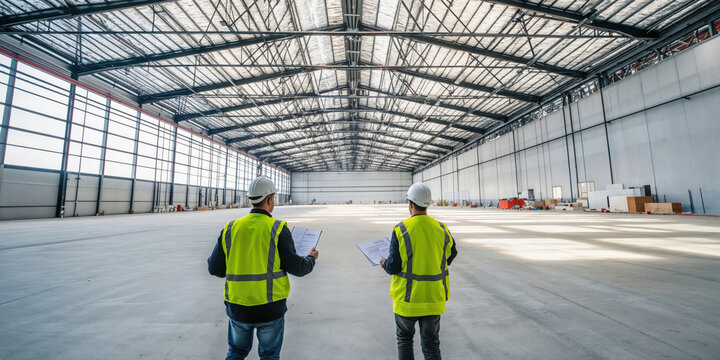 Two engineers holding blueprints inspecting empty warehouse