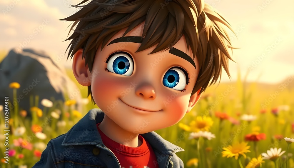 Poster smiling boy in a flower field: a delightful 3d render