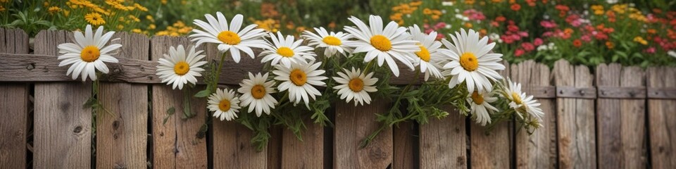 Obraz premium Daisies on an old wooden fence against an abstract vintage floral background, old fence, vintage