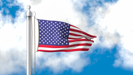 Obraz premium An American flag with more stars flying in the wind in front of a blue sky with clouds - concept for imperialistic tendencies to incorporate other states.