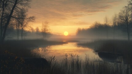 Obraz premium Peaceful Sunrise over Misty Lake and Trees