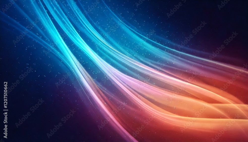 Poster colorful light trails flowing across dark background with sparkling particles