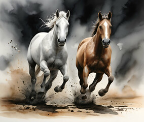 Dusty Trail Black and White Horses Painted in Motion with blur background ai
