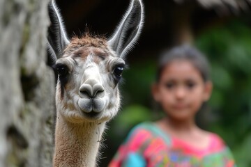 Obraz premium Llama encounter natural habitat wildlife jungle setting close-up view animal interaction