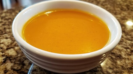 National Soup It Forward Day Creamy pumpkin soup in white bowl on granite surface