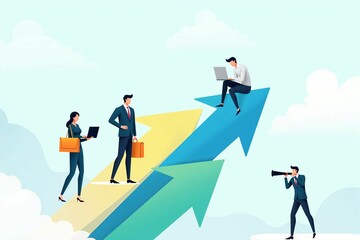 Obraz premium Creative Flat Design of Companies and Professionals Driving Upward Business Trends