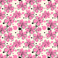 Vector illustration of bright pink seamless pattern flower with ink style circle dots on a cream colored background. Have fun and lively For design, printed fabric, wallpaper, card, packaging, fashion