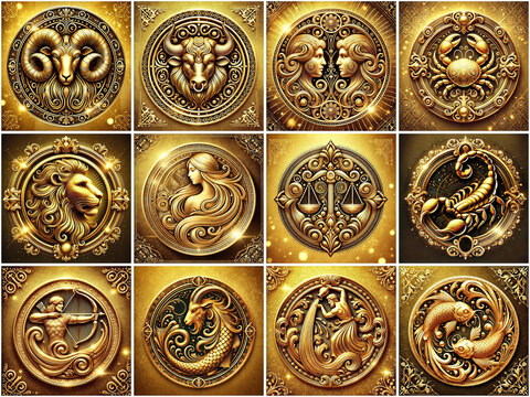 set of gold thumbs of all zodiac signs in gold tonality, astrology concept of isolated zodiac symbols