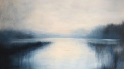 Fototapeta premium Peaceful lake landscape with soft blue and grey tones
