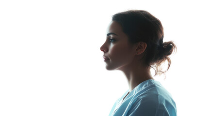 Fototapeta premium Profile view of a woman in medical attire with soft lighting, emphasizing her serene expression against a white isolated background.