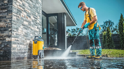 Professional cleaning services worker pressure washing driveway of modern house