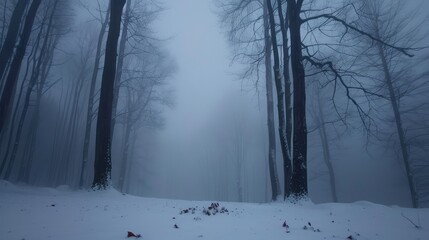 Mysterious Winter Forest in Dense Fog