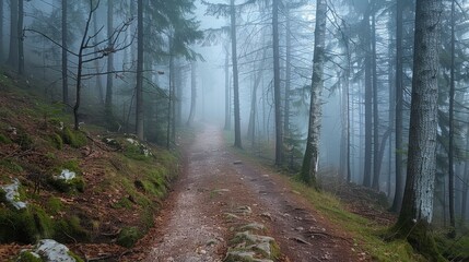 Serene Misty Forest Pathway in Early Morning