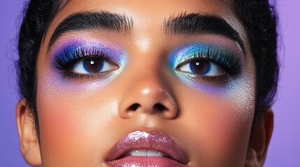 Naklejka premium Jewel toned eye makeup featuring sapphire blue emerald green and amethyst purple with precise black eyeliner framing the look 