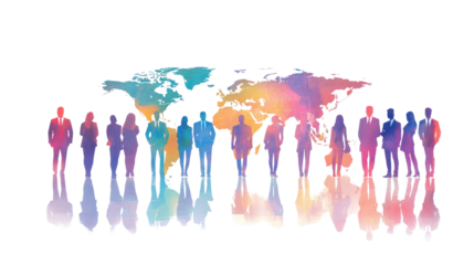 Silhouettes of diverse individuals displayed in a colorful watercolor style, representing unity and diversity against a transparent background.