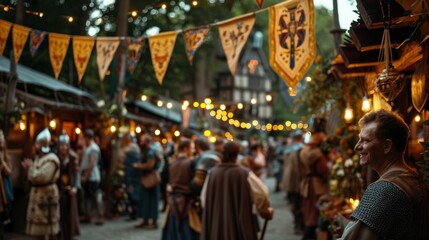 Hug a Medievalist Day Medieval festival celebration with colorful banners and lively market scene