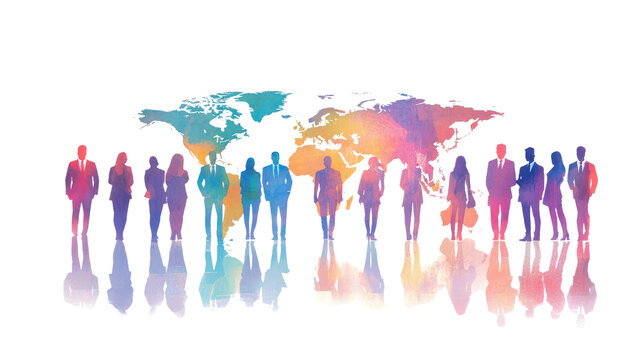 Silhouettes of diverse individuals displayed in a colorful watercolor style, representing unity and diversity against a transparent background.