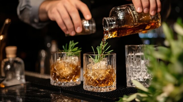 International Whiskey Day Bartender pouring craft cocktails with rosemary garnish in elegant glasses for a sophisticated night out
