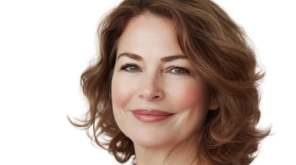 Smiling middle-aged woman with curly hair, wearing a gentle expression. Ideal for themes of positivity, confidence, and self-care.
