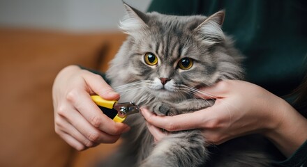 Cat receiving a grooming session with nail clippers for pet care
