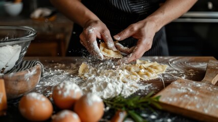 National Ravioli Day Hands preparing fresh pasta with flour and eggs in a rustic kitchen setting