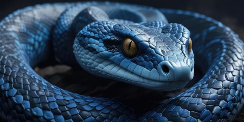 Fototapeta premium Blue viper snake with vibrant scales and intense gaze, wildlife, slither, danger