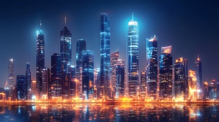 Obraz premium Futuristic Glowing Cityscape at Night Featuring Towering Skyscrapers and Reflections on Water