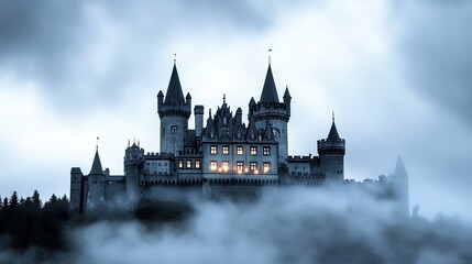 Fototapeta premium Towering castle turrets shrouded in soft fog with glowing firelight peeking out from the windows rare castlecore ethereal ambiance 