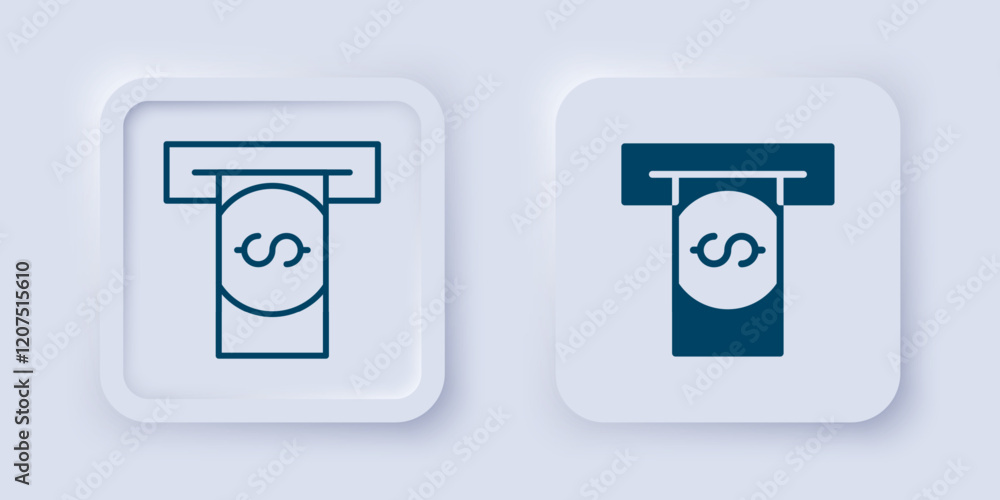 Poster filled and outline atm - automated teller machine and money icon isolated on grey background. square