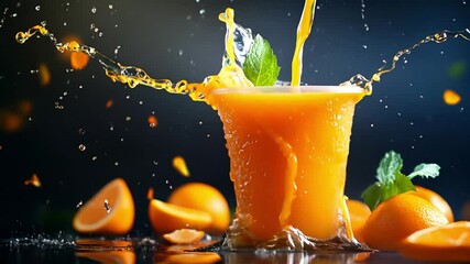 A plastic cup of orange juice is being poured, with oranges and leaves scattered around it. The background features dark gray and black colors.