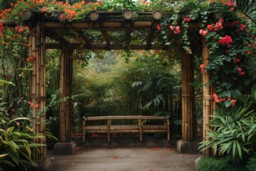 Fototapeta premium A serene bamboo archway adorned with vibrant flowers and lush greenery.