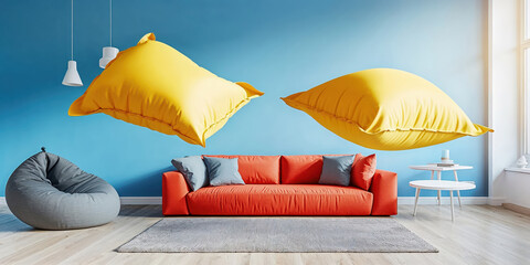 Two yellow pillows floating in a modern living room with blue wall
