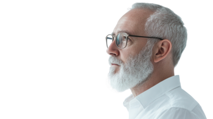Thoughtful man with a gray beard and glasses, profile view. He exudes wisdom and contemplation against a minimalistic background.