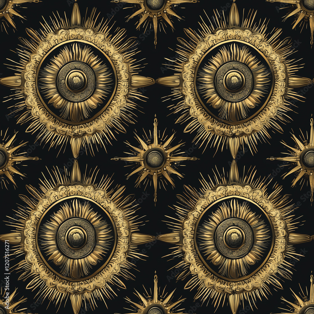 Poster baroque seamless patterns intricate gold sunburst pattern on a dark background, creating a bold and 