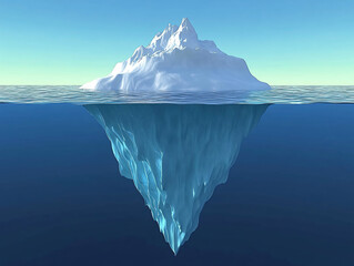 Iceberg Unveiled: A majestic iceberg, mostly submerged beneath the tranquil ocean, reveals its hidden depths, symbolizing unseen potential and challenges.  
