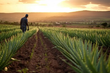 Harvesting aloe vera by hand in a rural field at sunset capturing nature's bounty in a serene landscape inspiring sustainable agriculture practices