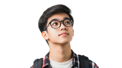 Thoughtful young male with glasses, wearing a casual plaid shirt. Looking up with a hopeful expression against a white isolated background.