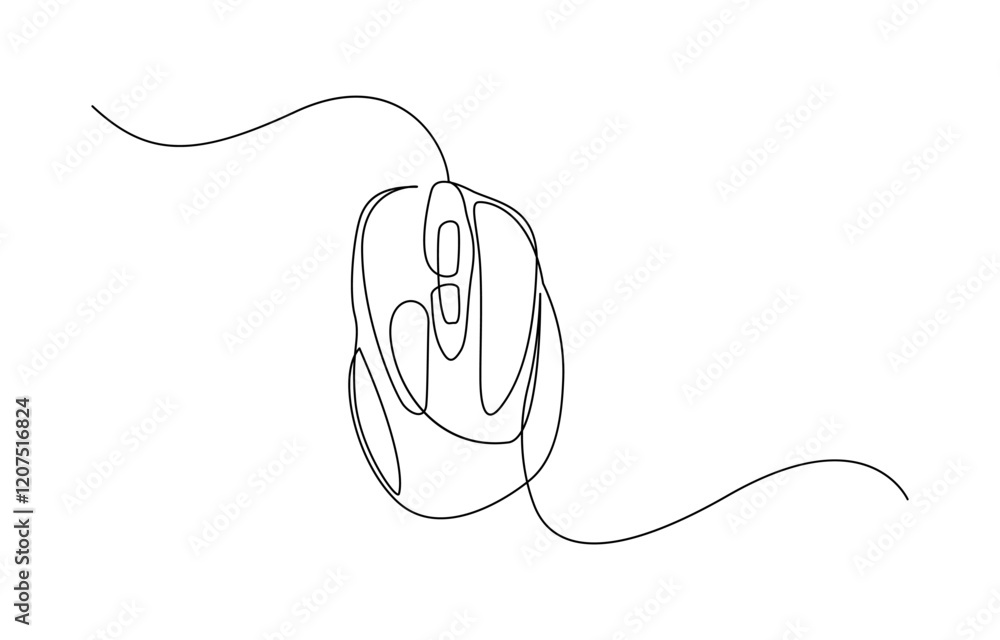 Poster drawn continuous one line computer mouse logo. vector illustration, mouse computer one continuous si