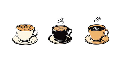 Three coffee cups with varying flavors displayed on saucers, showcasing a delicious beverage variety, isolated on a white background.