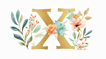 Elegant Floral Alphabet Letter X with Watercolor Flowers and Leaves