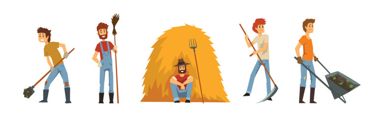 Man Farmer Character Engaged in Rural Agriculture Activity Vector Set