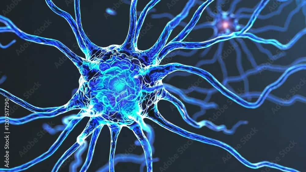 Poster Neural network synapse with glowing connection, digital illustration. Scientific visualization and technology concept