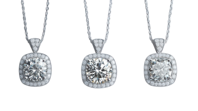 Three elegant diamond pendants displayed on silver chains, showcasing their brilliance and unique designs against a black background.