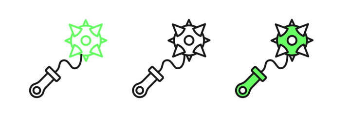 Set line Medieval chained mace ball icon isolated on white background. Morgenstern medieval weapon or mace with spikes. Vector