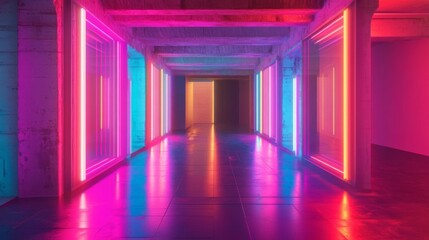 Vibrant Neon Tunnel with Pink, Blue and Orange Glowing Lights