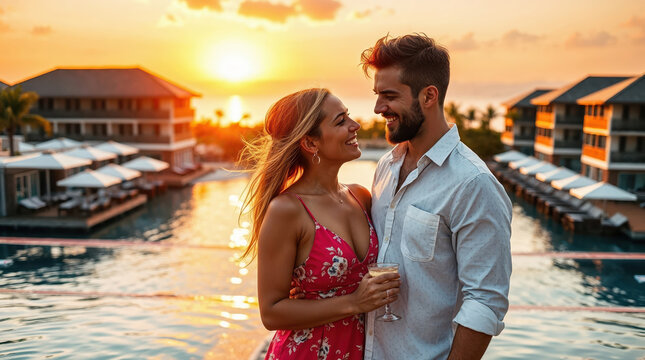 Happy couple enjoying romantic sunset at luxury resort with infinity pool
