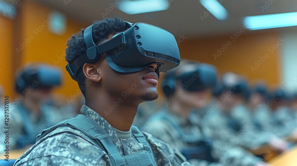 Poster veteran engages with virtual reality technology in a classroom setting for advanced training