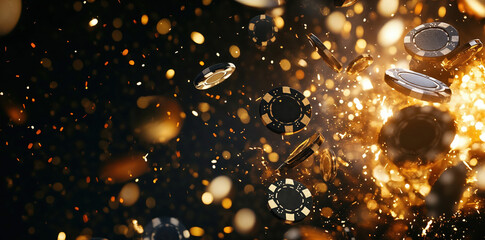 Poker chips exploding with golden sparks on black background